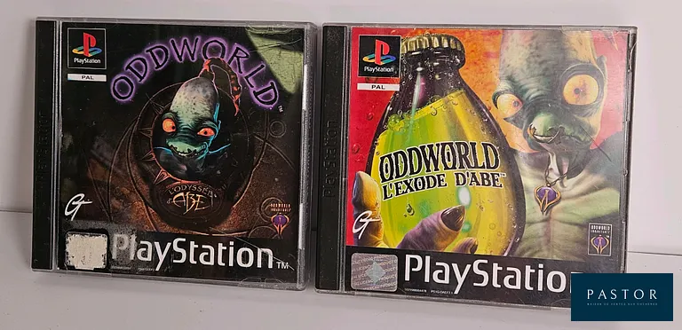 SONY - PS1. Lot de 2 jeux Oddworld : L'Oddysée d'Abe et L'Exode D'Abe. Complet avec boite, notice et CD. Culte. Version PAL. Aventure
