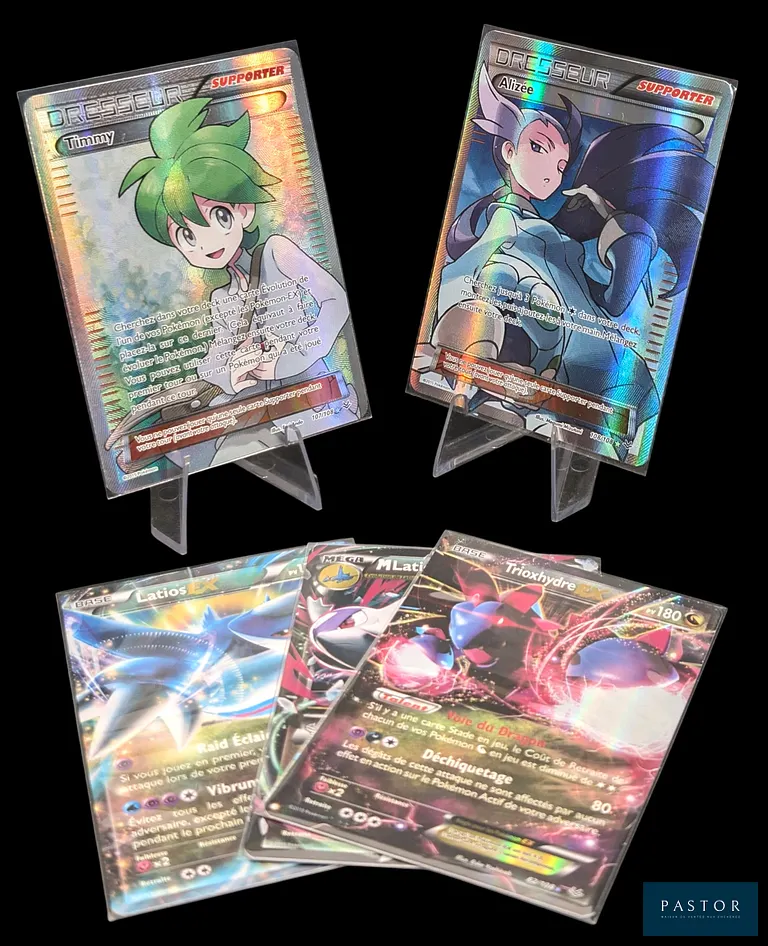 Réunion de 5 cartes Pokémon - 3 Ex et 2 Full Art.
Série du bloc XY : Ciel Rugissant.
Cartes en état global Très bon / Excellent, en français.
Livrées sous bulles et toploaders.