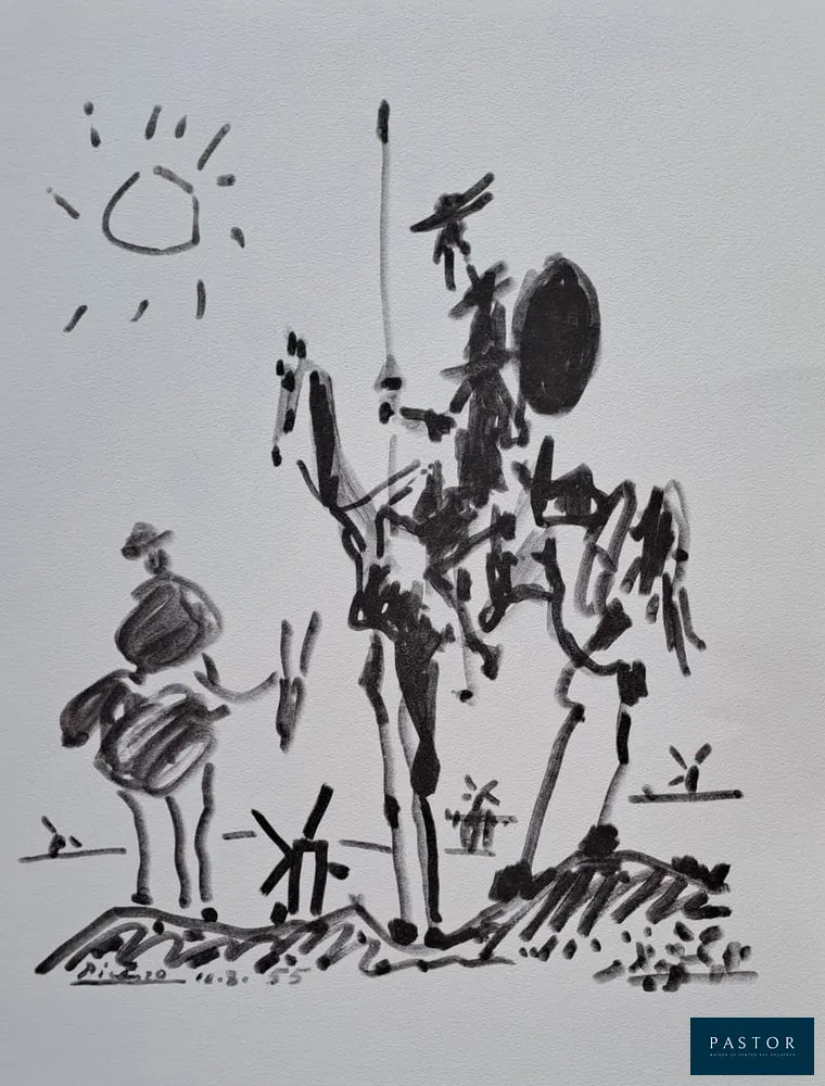 Pablo PICASSO (d'après) (1881-1973)
Don Quichotte (11.8.55)

Impression d'art (impression en tons directs 2 couleurs), sur papier Vélin d'Arches 250 gr
Signée dans la planche et datée
Dimensions : 65 x 50 cm environ
Éditeur l'Art et la Paix, copyright Succession Picasso, 1999

très bon état

 Lavis reproduit dans Les Lettres françaises du 18 août 1955, numéro spécial à l'occasion du 350ème anniversaire de Cervantès.


Expédition obligatoire, jusqu'à 5 Lithographies dans votre colis pour 14,76€ TTC en France Métropolitaine, et 29,64€ TTC pour l'Europe