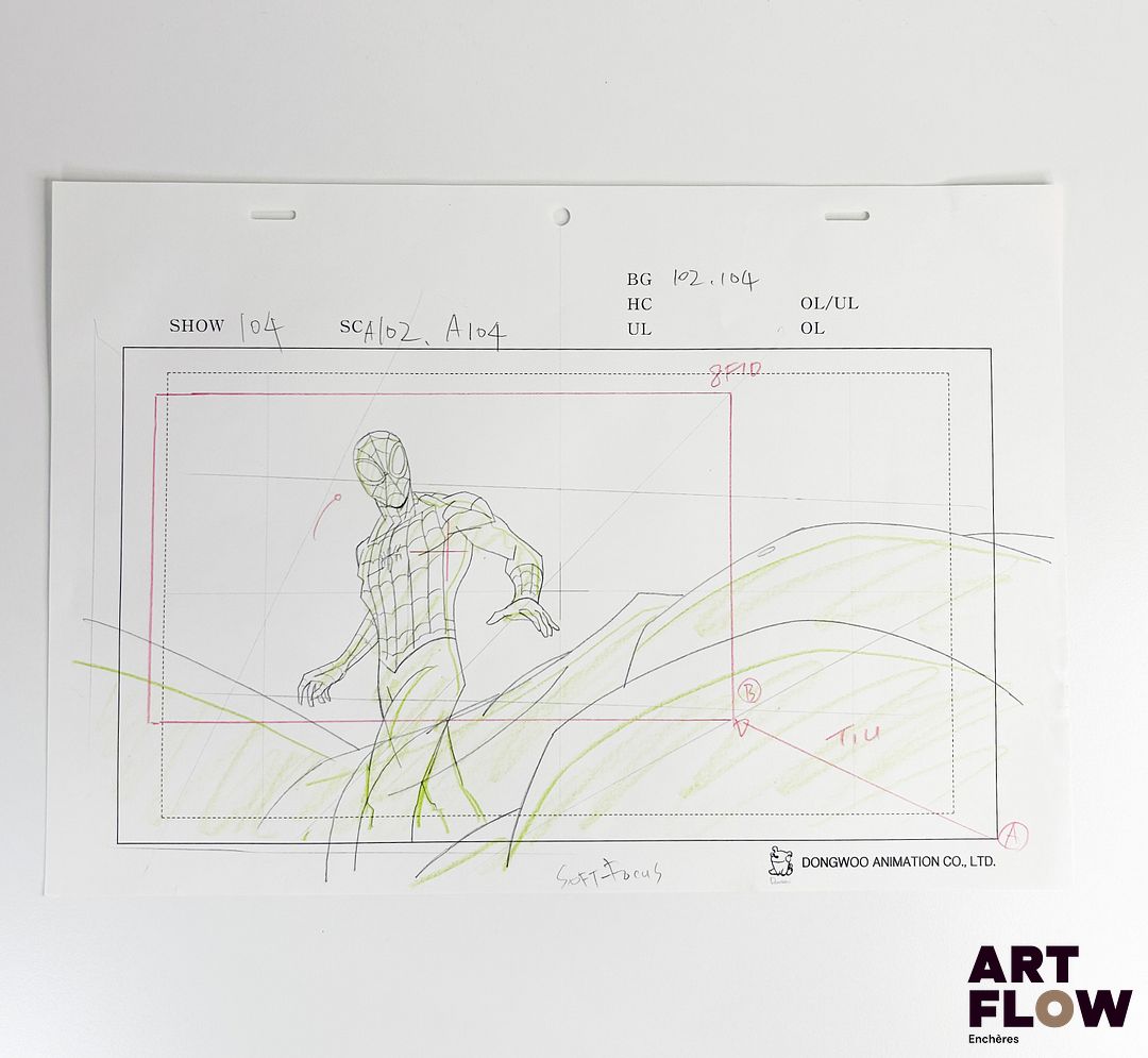 Marvel Comics d'après Steve Ditko Spider-Man / Peter Parker Dessin à la mine de plomb et crayons de couleur représentant Spider-Man debout Personnage de comics américains créé par Marvel Comics "Spider-Man, alias Peter Parker, est un jeune héros agile et courageux. Doté de pouvoirs d’araignée, il protège New York avec ingéniosité et sens des responsabilités." Dimensions : 24,5 x 35,5 cm