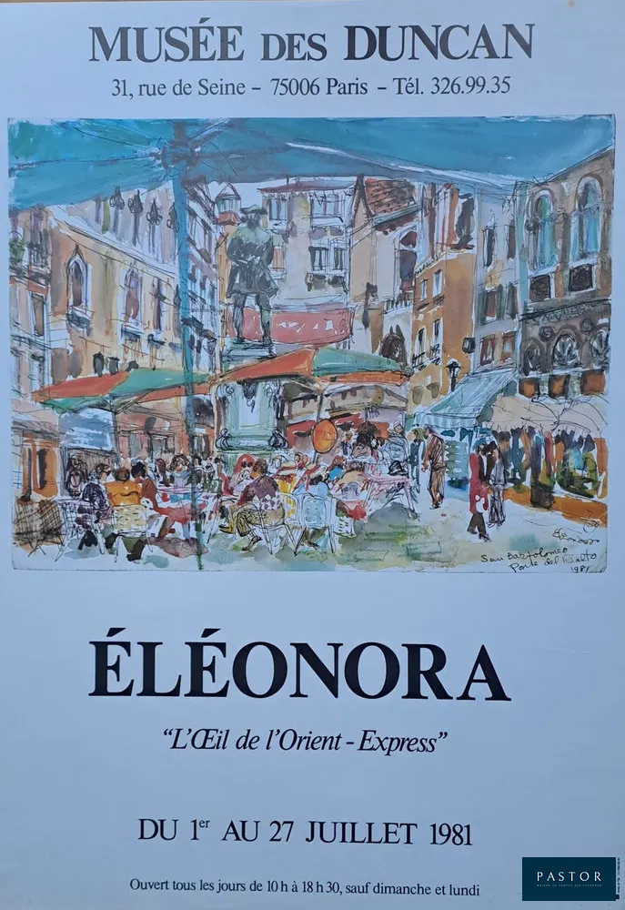 Eleonora
San Bartolomeo, Porte del Rialto, 1981

Affiche
Signée, titrée et datée dans la planche
Dimensions : 69 x 49 cm à vue

Bon état, traces de manipulations

Informations : Affiche réalisée pour l'exposition d'Eléonora "l'oeil de l'Orient-Express" au Musée des Duncan à Paris en 1981


Expédition obligatoire, jusqu'à 5 Lithographies dans votre colis pour 14,76€ TTC en France Métropolitaine, et 29,64€ TTC pour l'Europe