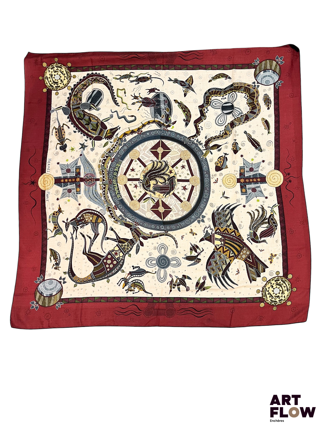 HERMÈS Modèle Rêve d'Australie Châle en cachemire et soie d'après un dessin de Zoé PAUWELS Dimensions : 130 x 130 cm environ