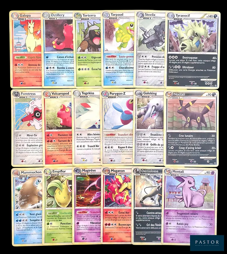Ensemble de 18 cartes Pokémon - Holographiques.
Série du bloc HeartGold SoulSilver : Indomptable.
Cartes en état global Bon/Très bon, en français.