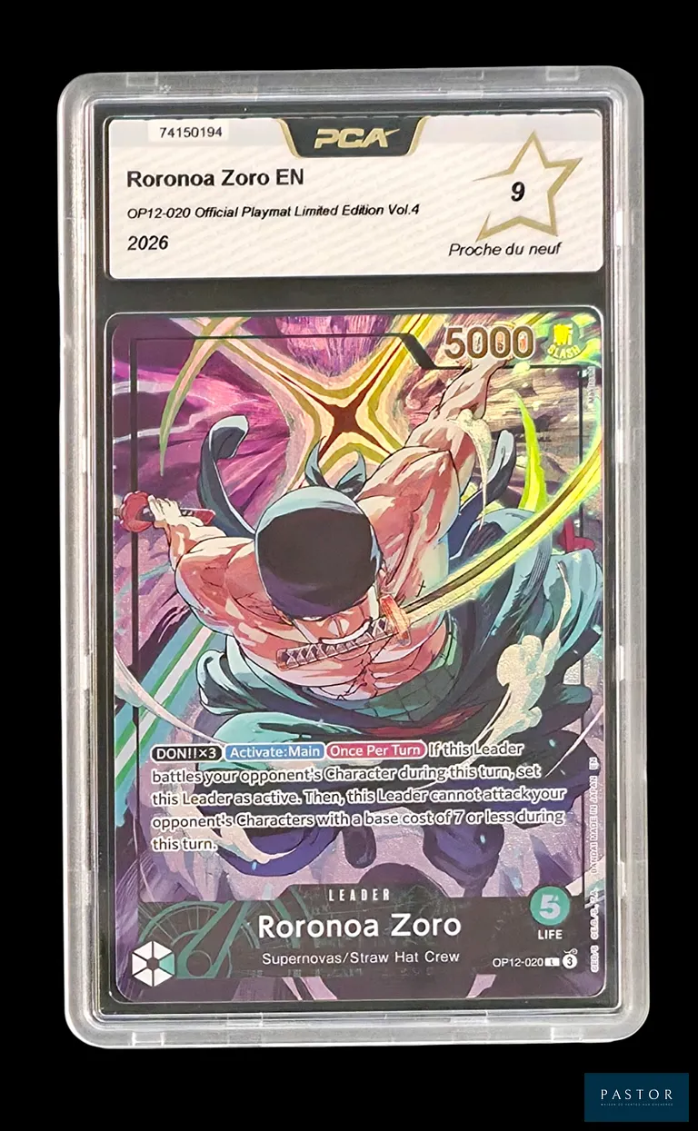 Carte One Piece gradée Roronoa Zoro OP12-020 - PCA 9.
Issue de l'Official Playmat - Limited Edition Vol.4. 
Carte en état Proche du neuf (PCA 9), en anglais. - TVA Récupérable