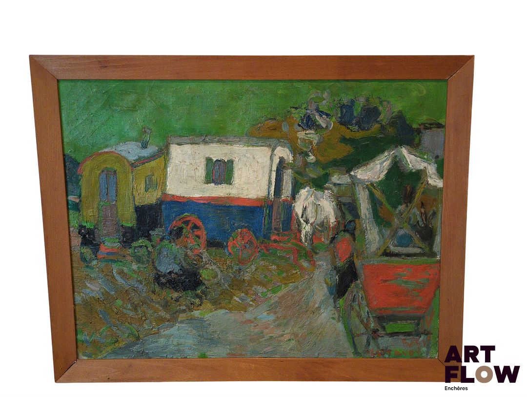 André COTTAVOZ (1922-2012) Les roulottes 1951 Huile sur toile Signée en bas à droite Dimensions : 50 x 65,5 cm Documents de restauration en 1993