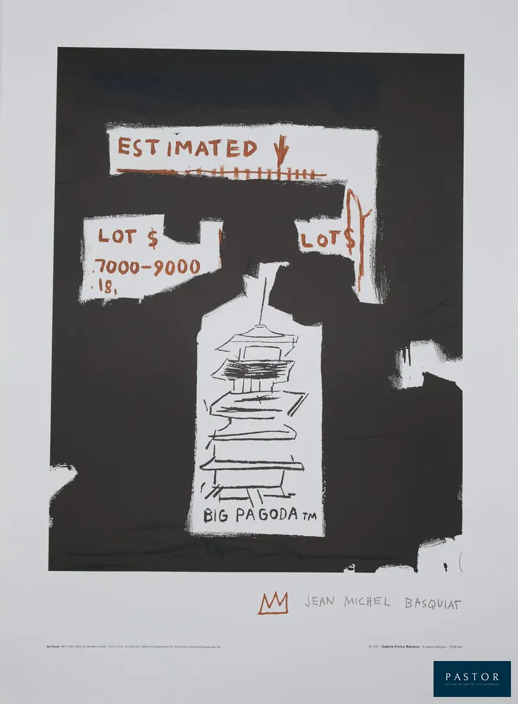 Jean-Michel BASQUIAT (1960-1988)
Big Pagoda

Lithographie en couleurs d'après une toile de l'artiste de 1984
Signée dans la planche
Sur Vélin 56 × 76 cm
Editée par la Galerie Enrico Navarra (Paris) en 1997
Edition autorisée par la succession Basquiat

Excellent état


Expédition obligatoire, jusqu'à 5 Lithographies dans votre colis pour 14,76€ TTC en France Métropolitaine, et 29,64€ TTC pour l'Europe