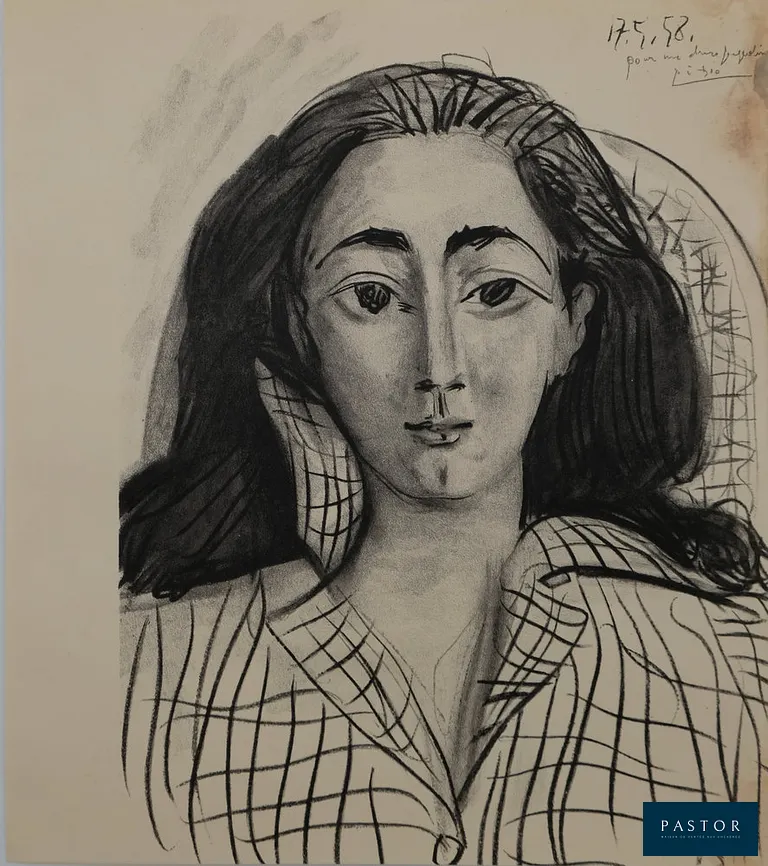 Pablo PICASSO (1881-1973)
Portrait de Jacqueline

Lithographie en couleurs
Datée, signée et dédicacée "Pour ma chère Jacqueline" dans la planche
Sur Vélin 27 x 30 cm
Imprimée dans les Ateliers Mourlot (Paris, France)

Bon état, défauts dans la marge droite


Expédition obligatoire, jusqu'à 5 Lithographies dans votre colis pour 14,76€ TTC en France Métropolitaine, et 29,64€ TTC pour l'Europe