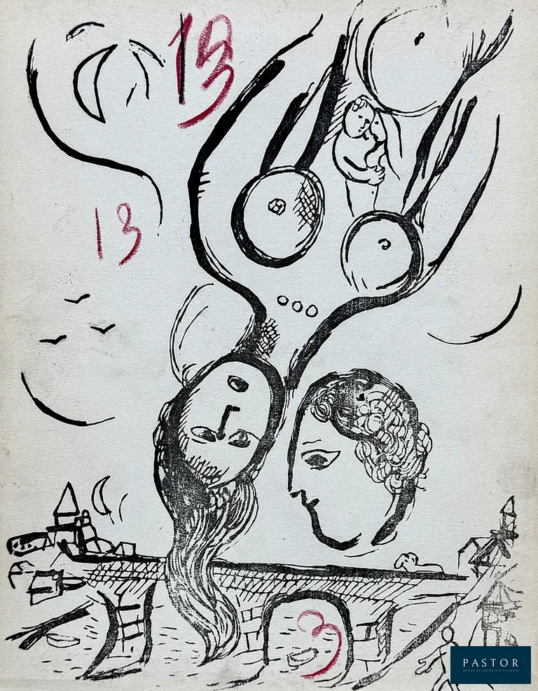 Marc Chagall (1887-1985)
Poèmes - Le couple

Gravure sur bois originale, 1968
Non signée
Sur vélin, format 32,5 x 25 cm
Rare épreuve d'essai en noir avant l'épreuve définitive

Très bon état

NOTE : Épreuve d'essai avec annotation de l'imprimeur pour le livre « Poèmes » publié par Cramer en 1968 pour un tirage limité à 238 exemplaires. Il s'agit des seules gravures sur bois réalisées par Chagall.

RÉFÉRENCE : Catalogue raisonné Cramer « Chagall : livres illustrés » n° 74


Expédition obligatoire, jusqu'à 5 Lithographies dans votre colis pour 14,76€ TTC en France Métropolitaine, et 29,64€ TTC pour l'Europe