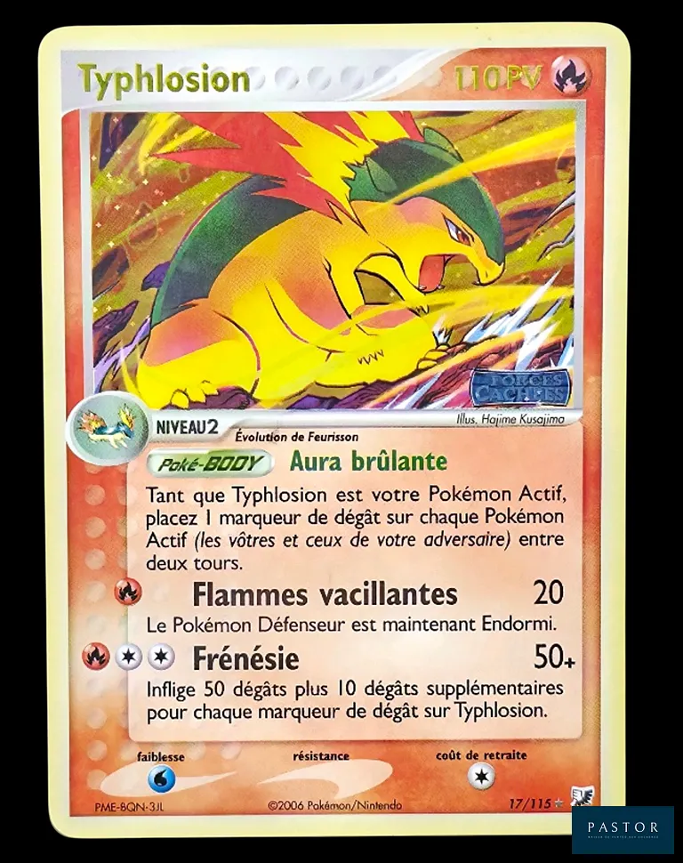 Carte Pokémon Typhlosion 17/115 - Reverse Holographique Stamp.
Série du bloc EX : Forces Cachées.
Carte en état Excellent, en français.
Livrée sous bulles et toploader.