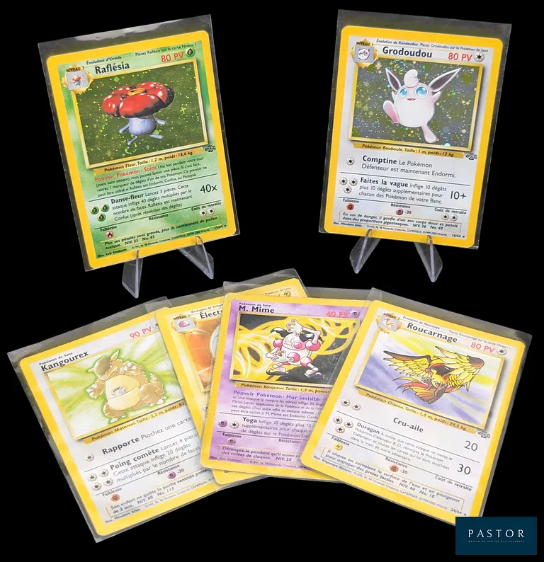 Ensemble de 6 cartes Pokémon de la série du bloc Wizards : Jungle - 2 Holographiques et 4 Rares.
Cartes en état global Bon, en français.