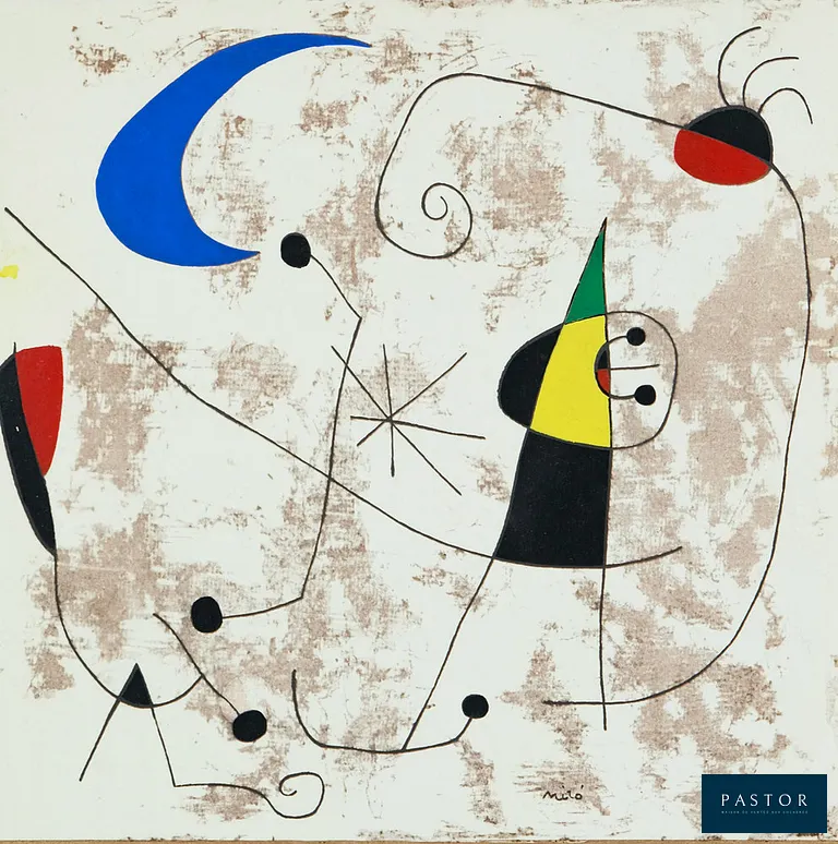 Joan MIRO (1893-1983)
Personnage dans la nuit

Pochoir original en couleurs
Signé dans la planche
Sur papier épais 24 x 31 cm
Imprimée dans les Ateliers Jacomet (Paris, France)

Excellent état

INFORMATION : Pochoir édité par San Lazzaro en 1957


Expédition obligatoire, jusqu'à 5 Lithographies dans votre colis pour 14,76€ TTC en France Métropolitaine, et 29,64€ TTC pour l'Europe