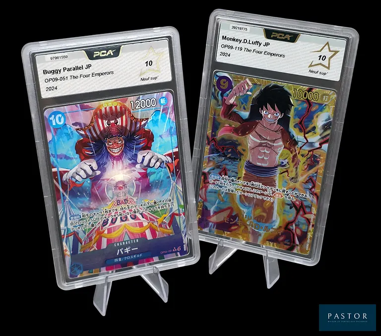 Réunion de 2 cartes One Piece gradées - PCA 10.
Série OP09 : Les Nouveaux Empereurs.
- Monkey.D.Luffy OP09-119 - Secret.
- Baggy OP09-051 - Rare Alt.
Cartes en état Neuf Sup' (PCA 10), en japonais.