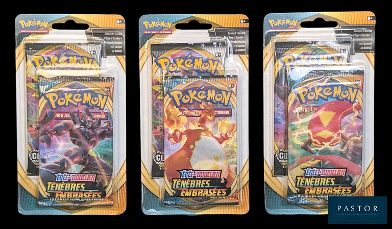 Réunion de 3 Duopacks Pokémon scellés.
Séries du bloc Épée&Bouclier : Ténèbres Embrasées (EB03) et Clash des Rebelles (EB02).
En français.
