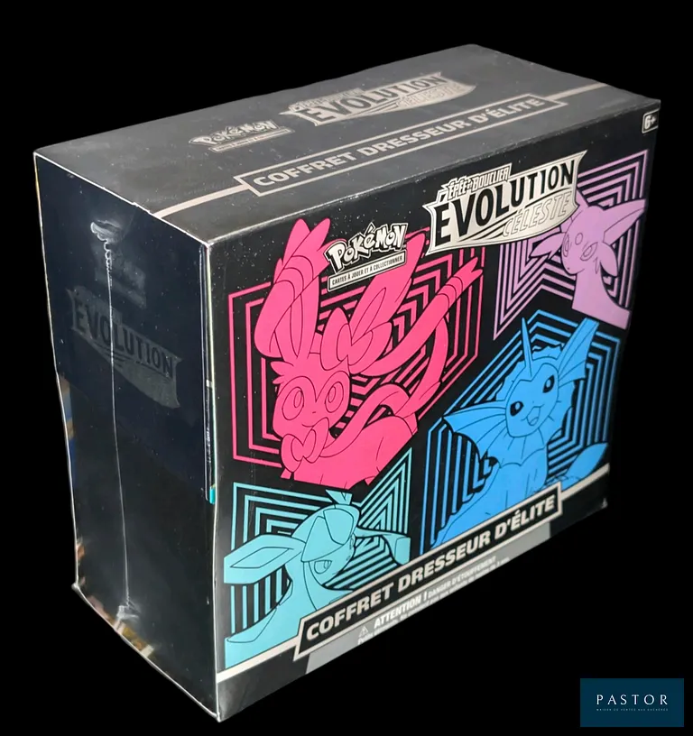 Coffret Pokémon scellé : Elite Trainer Box (ETB). Série du bloc Épée&Bouclier : Évolution Céleste (EB07).
Illustration Aquali/Givrali/Nymphali/Mentali.
En français.