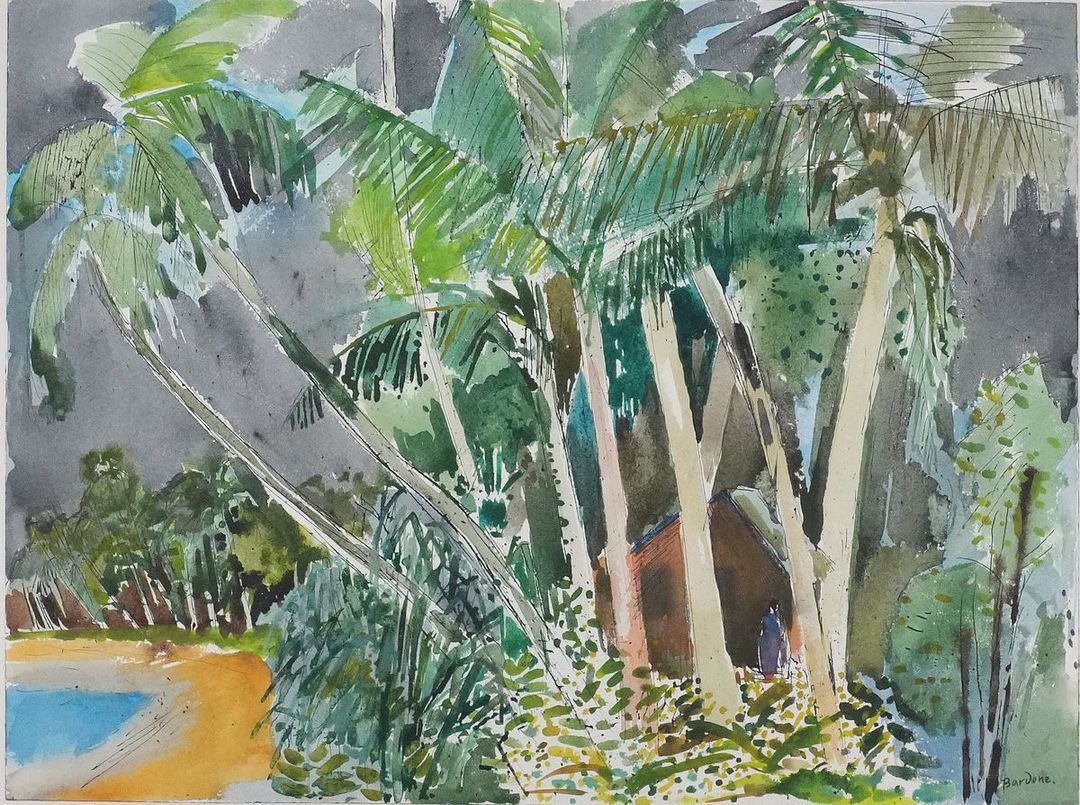 Guy BARDONE (1927-2015) La hutte dans les palmiers à Ceylan Aquarelle originale Signée à l&rsquo;encre Sur vélin appliqué sur papier épais 45.5 x 61 cm INFORMATION : Titrée et datée au dos Excellent état Expédition obligatoire, jusqu&rsquo;à 5 Lithographies dans votre colis pour 14,76€ TTC en France Métropolitaine, et 29,64€ TTC pour l&rsquo;Europe