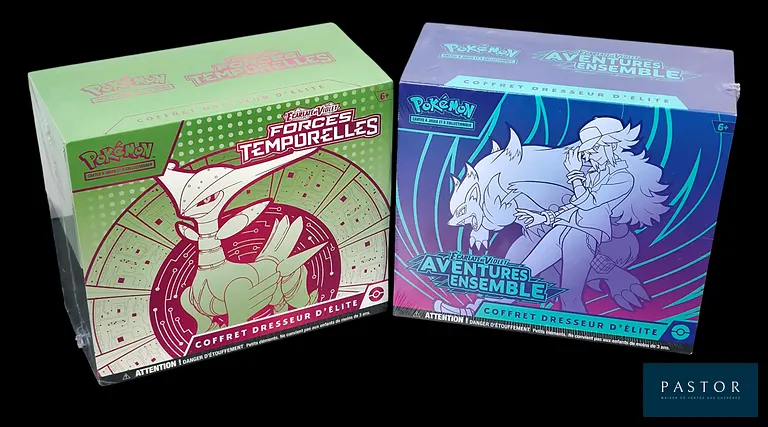 Réunion de 2 coffrets Pokémon scellés : Elite Trainer Box (ETB).
Séries du bloc Écarlate&Violet : Forces Temporelles (EV05) et Aventures Ensemble (EV09).
En français.