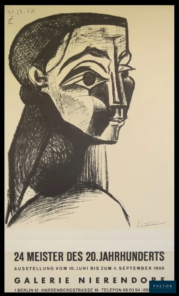Pablo Picasso (1881-1973)
24 Meister des 20 yahrhunderts

  
  Rare affiche originale d'exposition - Galerie Nierendorf Berlin - 1968
  d'après Picasso - Portrait de femme II (Jacqueline) - Cannes - 1955
  
  signé dans la planche
  impression en lithographie, en noir
  tirage : 2000 exemplaires
  
  Références : Czwiklitzer Christoph, Les affiches de Picasso - Paris 1970, page 277
  Czwiklitzer Christoph, Pablo Picasso, les affiches 1923-1973 - München 1981, page 330
  
  Dimension : 80 x 48 cm
  bon état (plis horizontaux)


Expédition obligatoire, jusqu'à 5 Lithographies dans votre colis pour 14,76€ TTC en France Métropolitaine, et 29,64€ TTC pour l'Europe