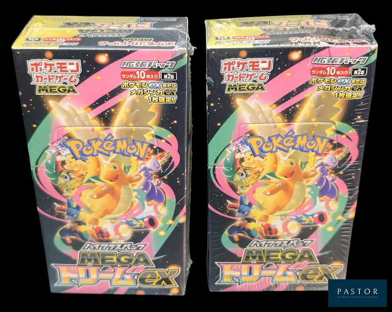 Réunion de 2 coffrets Pokémon scellés : Display (10 boosters).
Série du bloc Méga-Évolution : Mega Dream Ex M2a (équivalent Héros Transcendants ME02.5).
En japonais.