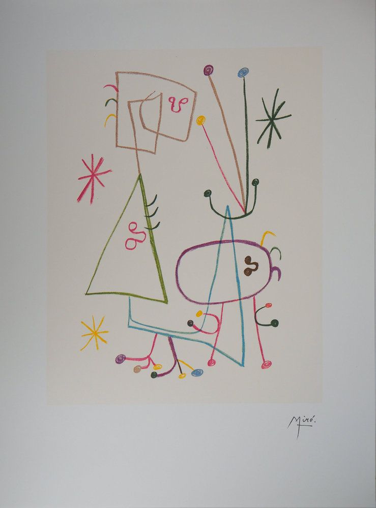 Joan MIRO (1893-1983) Famille à l&rsquo;étoile Lithographie en couleurs d&rsquo;après une oeuvre de l&rsquo;artiste Signée dans la planche Sur Vélin 45 x 60 cm Editée par les Ateliers Arte/Maeght (Paris) Authentifiée par le cachet Maeght au verso Excellent état Expédition obligatoire, jusqu&rsquo;à 5 Lithographies dans votre colis pour 14,76€ TTC en France Métropolitaine, et 29,64€ TTC pour l&rsquo;Europe
