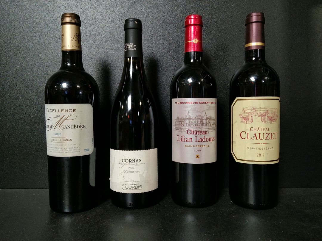 Lot de 4 bouteilles de vin rouge : Château Clauzet Saint-Estèphe 2017, Château Lilian Ladouys Saint-Estèphe 2019, Domaine Courbis Champelrose 2023, Château Mancèdre Excellence Pessac-Leognan 2022