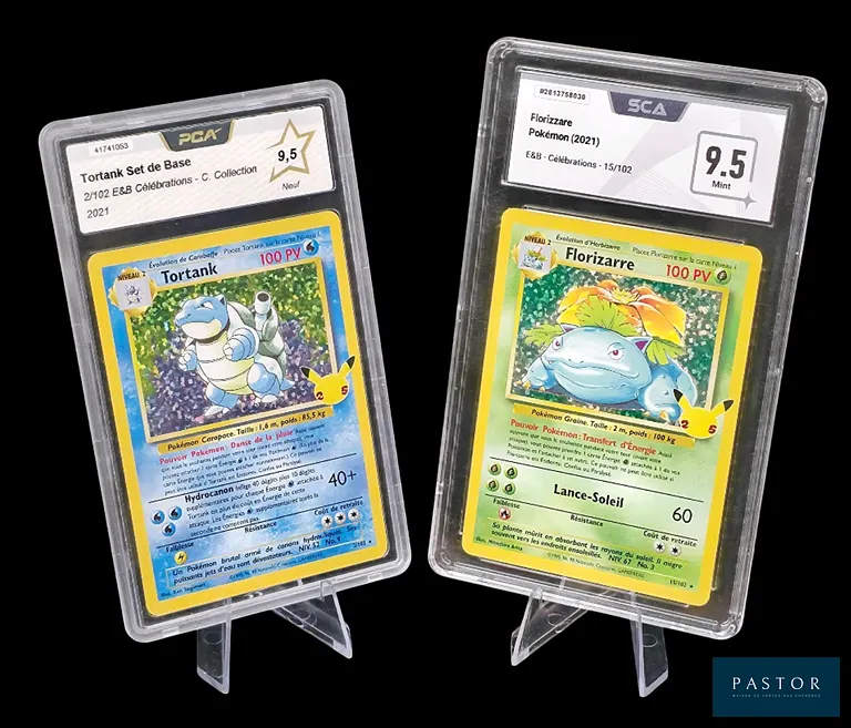 Réunion de 2 cartes gradées Pokémon du bloc Épée&Bouclier de la série des 25 ans : Célébrations - Holographiques.
- Tortank 2/102 - En état Neuf (PCA 9,5)
- Florizzare 15/102 - En état Mint (SCA 9,5)
En français.