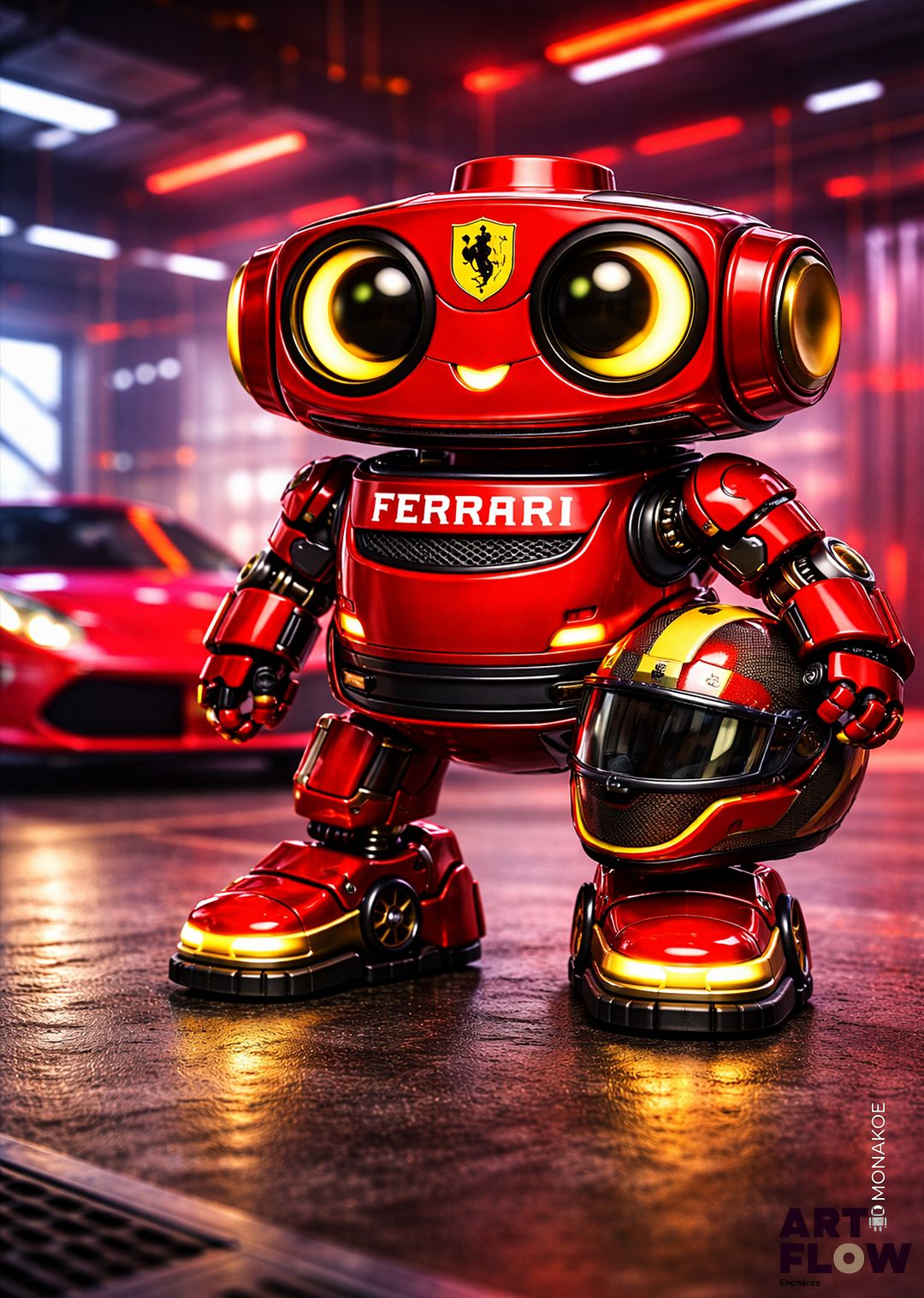 Monakoe - Né en 1977 - Ferrari - Petit robot en briques, faisant partie d’une collection de personnages colorés - Lithographie - Impression sur papier Rives - Signée dans la planche et au dos - Edition en 30 exemplaires - 30x45 cm - Certificat de l'artiste au dos de l'oeuvre