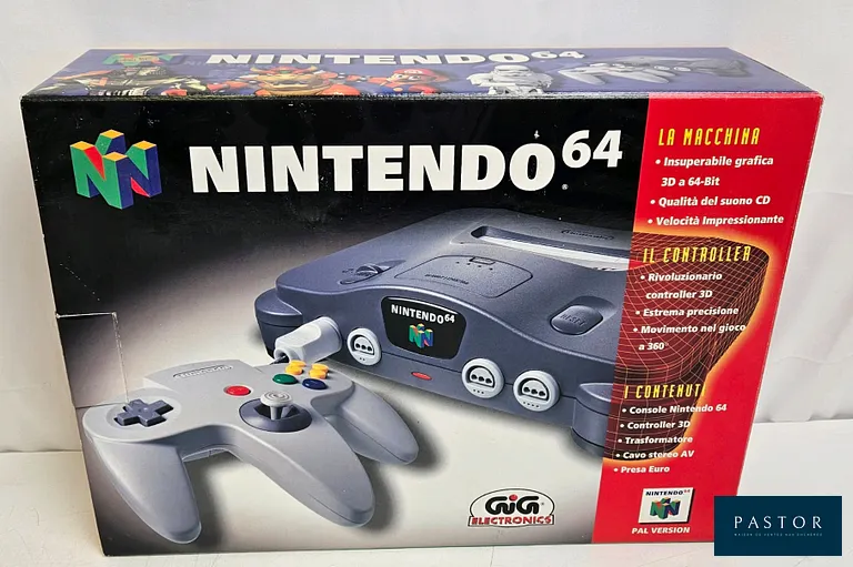 NINTENDO - N64. Console Nintendo 64 en boite avec une manette, alimentation et péritel officielles. TBE. Sortie : 1997 - Test d'allumage effectué avec succès
