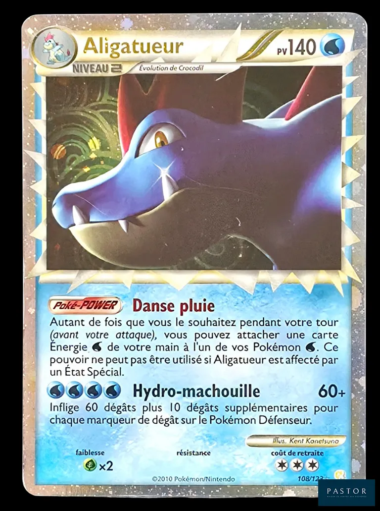 Carte Pokémon Aligatueur Prime 108/123.
Série HeartGold SoulSilver (HGSS) : 1ère série du bloc. 
Carte en état Très bon/Excellent, en français. 
Livrée sous bulles et toploader.