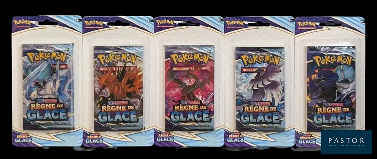 Réunion de 5 boosters Pokémon sous blisters scellés.
Série du bloc Épée&Bouclier : Règne de Glace (EB06).
Artset présent, en français.