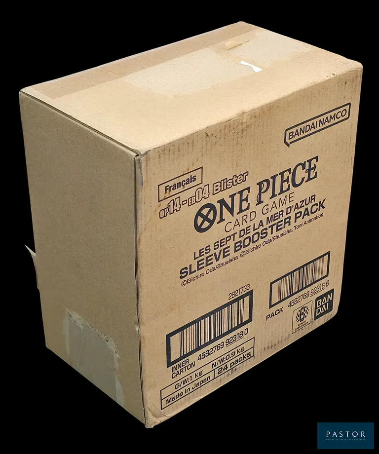 Coffret One Piece scellé - Case de 24 Boosters sous blisters.
Série OP14-EB04 - Les Sept de la mer d'Azur.
En français. - TVA Récupérable