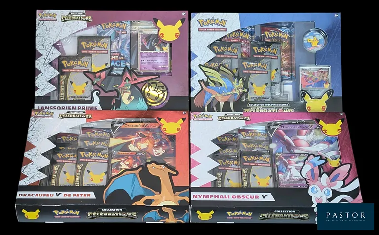 Ensemble de 4 coffrets Pokémon scellés : Collection et Collection avec Pin's - Dracaufeu V, Zacian, Lanssorien Prime, Nymphali Obscur.
Série du bloc Épée&Bouclier : Célébrations 25 ans (EB07.5).
En français.