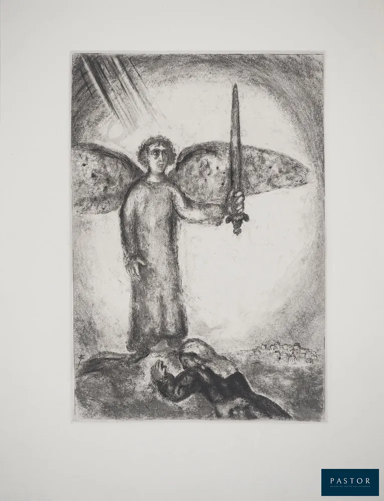 Marc CHAGALL (1887-1985)
Josué devant l'ange à l'épée, c. 1939

Gravure originale (atelier Maurice Potin)
Signée dans la planche
Sur Vélin Montval 44 x 33.5 cm

REFERENCE : Catalogue raisonné Marc Chagall et Ambroise Vollard #243

INFORMATION : La Bible de Chagall a été éditée par Tériade en 1956, terminant un projet initié par Vollard  en 1930. Chagall a gravé les cuivres entre 1931 et 1939 dans les ateliers de Maurice Potin. Le projet fut interrompu par la guerre.
L'exemplaire présenté ici, provenant des archives de Tériade, fait partie des rares épreuves imprimées en 1931/1939.

Excellent état


Expédition obligatoire, jusqu'à 5 Lithographies dans votre colis pour 14,76€ TTC en France Métropolitaine, et 29,64€ TTC pour l'Europe
