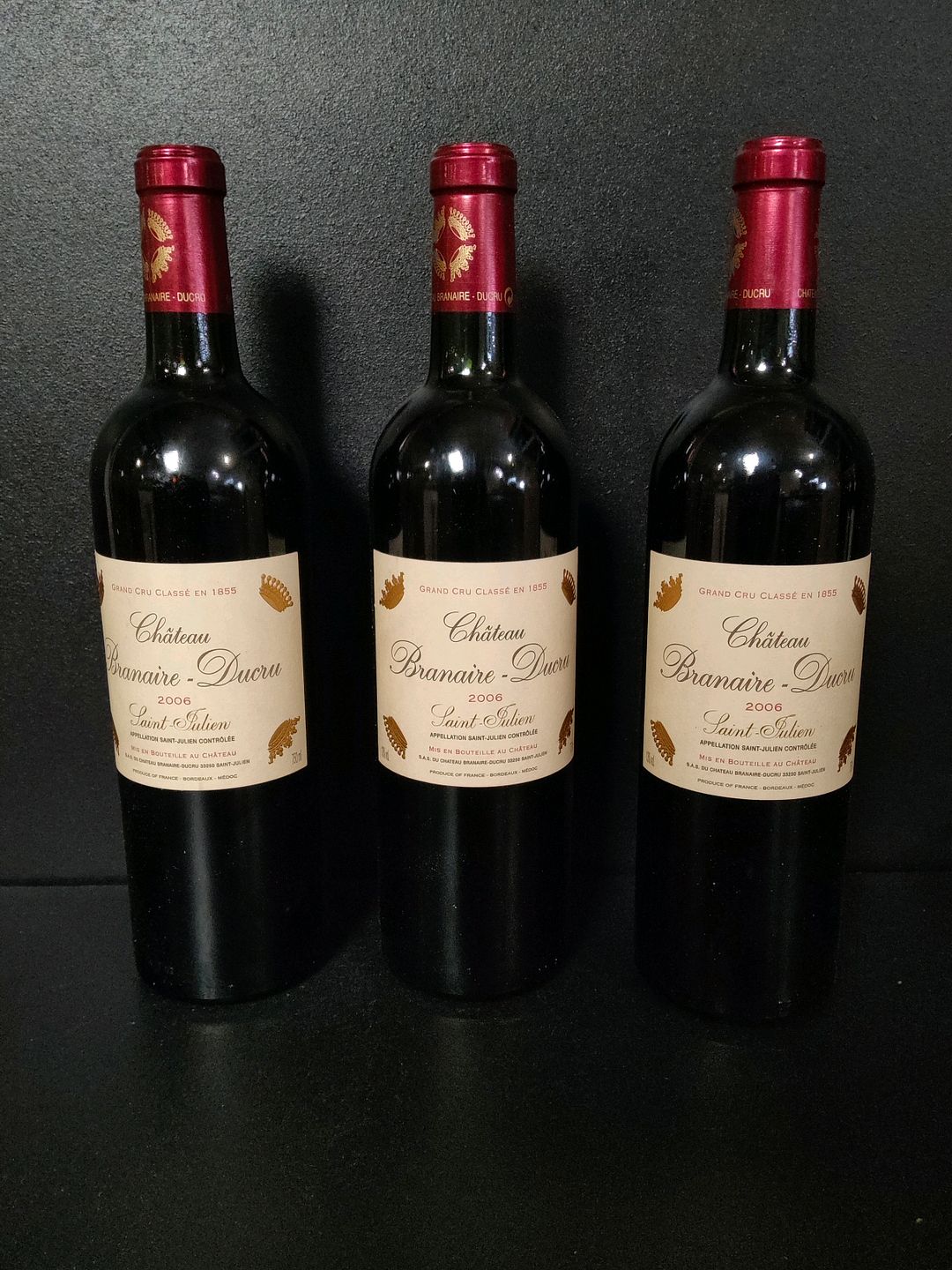 3 bouteilles de vin rouge du Château Branaire-Ducru Saint-Julien GCC 2006
