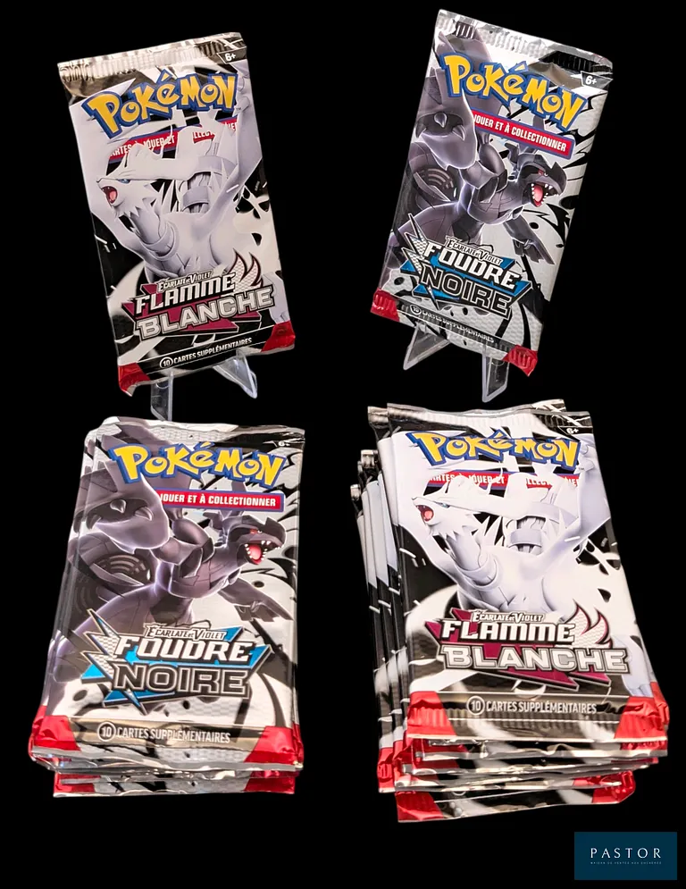 Ensemble de 20 boosters Pokémon scellés.
Séries du bloc Écarlate et Violet : Flamme Blanche et Foudre Noire (EV 10.5) - 10 boosters de chaque série.
En français.
Boosters issus de coffrets.