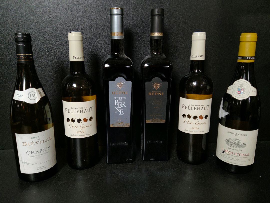 Lot de 6 bouteilles de vin blanc dont : Château de Berne Côtes de Provence 2020, Domaine de Pellehaut L&rsquo;été Gascon 2024, Famille Perrin Vacqueyras Les Christins 2022…