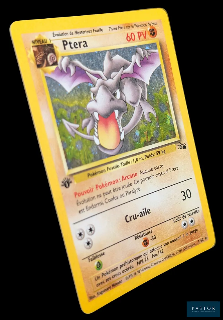 Carte Pokémon Ptera 1/62 - Holographique.
Série du bloc Wizards : Fossile édition 1.
Carte en état Très bon, en français.