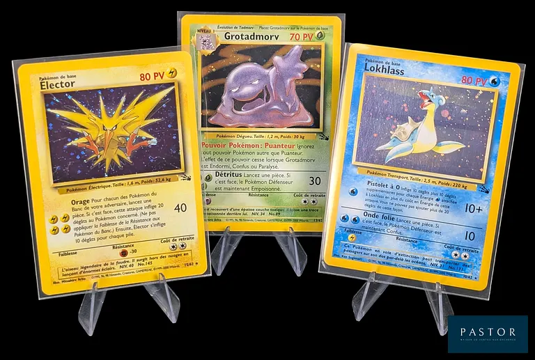 Réunion de 3 cartes Pokémon - Holographiques.
Série du bloc Wizards : Fossile.
Élector, Lokhlass & Grotadmorv.
Cartes en état global Excellent /Near Mint, en français