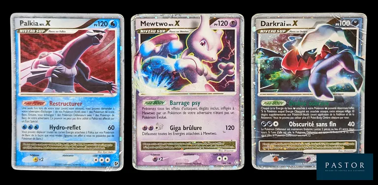 Réunion de 3 cartes Pokémon - Niv.X.
Diverses séries du bloc Diamant&Perle.
Cartes en état global Moyen, en français.