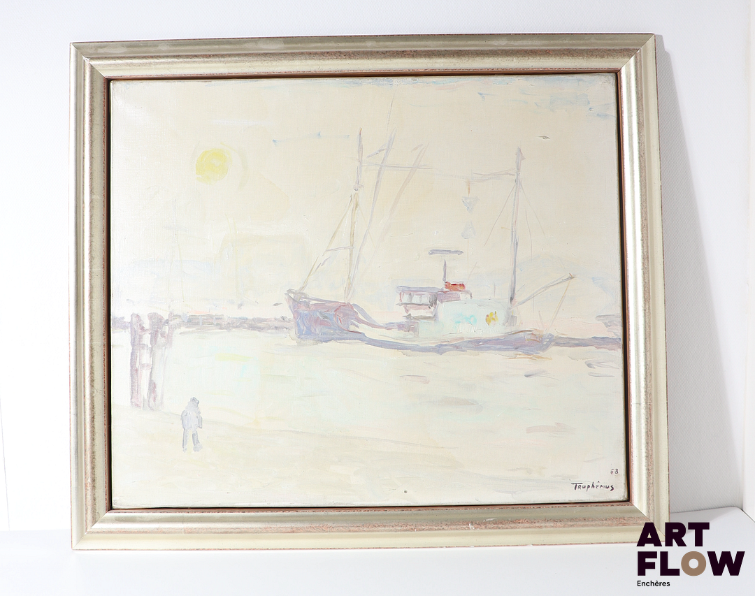 Jacques Truphémus (1922-2017) Bateaux dans la brume Huile sur toile Signée en bas à droite et datée 68. Signée au dos. 46 x 54 cm