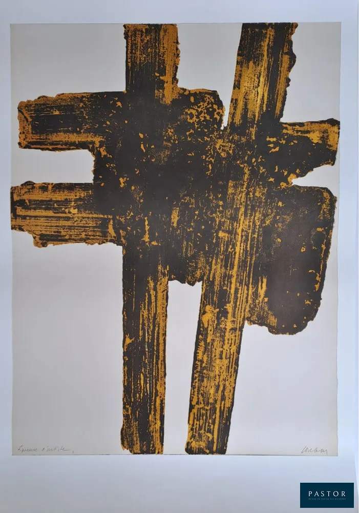 Pierre Soulages (d'après) (1919-2022)
Eau-forte XVIII, 1962

Affiche, impression offset sur papier épais
Signée dans la planche, annotée "épreuve d'artiste"
Dimensions : 60 x 40 cm
Editée d'après la "Eau-forte XVIII 64,4 x 49 cm, 1962" par le musée Soulages à Rodez, France
Authentifiée par le cachet du Musée au verso

Excellent état


Expédition obligatoire, jusqu'à 5 Lithographies dans votre colis pour 14,76€ TTC en France Métropolitaine, et 29,64€ TTC pour l'Europe