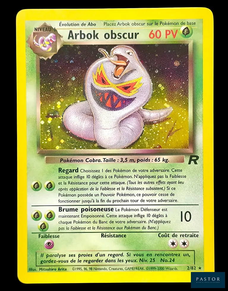 Carte Pokémon Arbok obscur 2/82 - Holographique.
Série du bloc Wizards : Team Rocket.
Cartes en état global Très bon, en français.
Livrée sous bulles et toploader. 
Illustrateur : Mitsuhiro Arita.