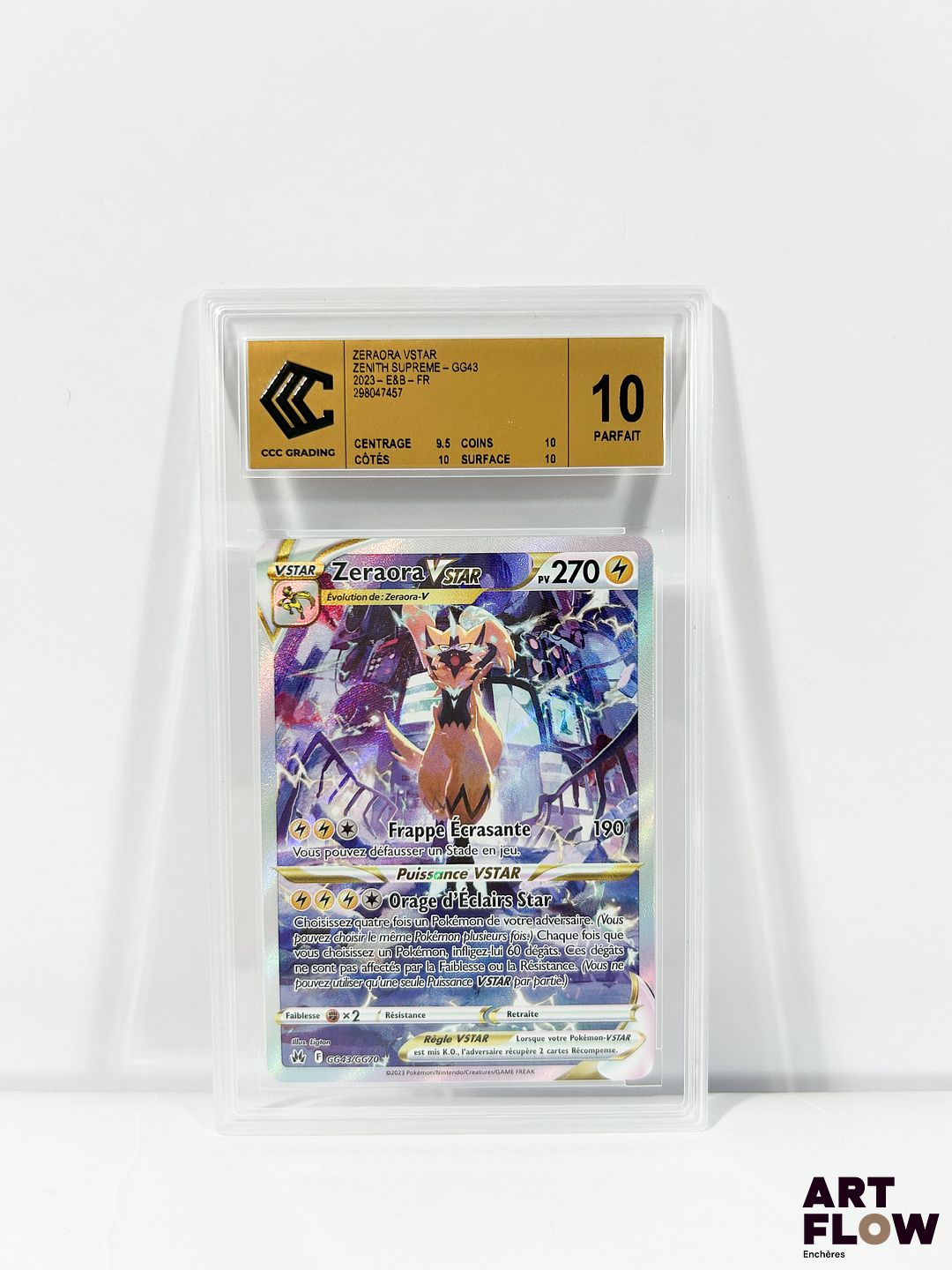 Carte Pokémon gradée Zeraora Vstar GG43/GG70 - Galard Gallery (GG) Alternative - CCC 10 gold label. Série Épée&Bouclier : Zenith Suprême (EB12.5). Carte en état Parfait (CCC 10 Gold Label), en français.