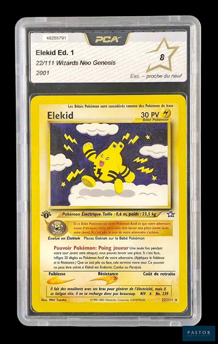 Carte Pokémon gradée Elekid 22/111 – Rare – PCA 8.  
Série du bloc Wizards : Neo Genesis Édition 1.  
Carte en état Excellent/Procheduneuf (PCA 8), en français.