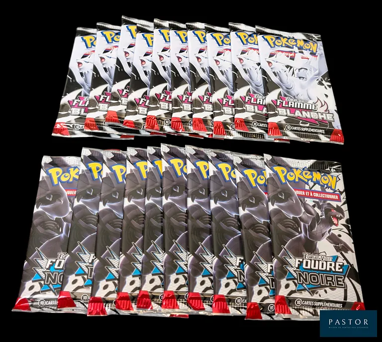 Ensemble de 20 boosters Pokémon - Scellés.
Séries du bloc Écarlate&Violet : Flamme Blanche et Foudre Noire (EV 10.5) - 10 boosters de chaque série.
Boosters issus de coffrets.
En français.