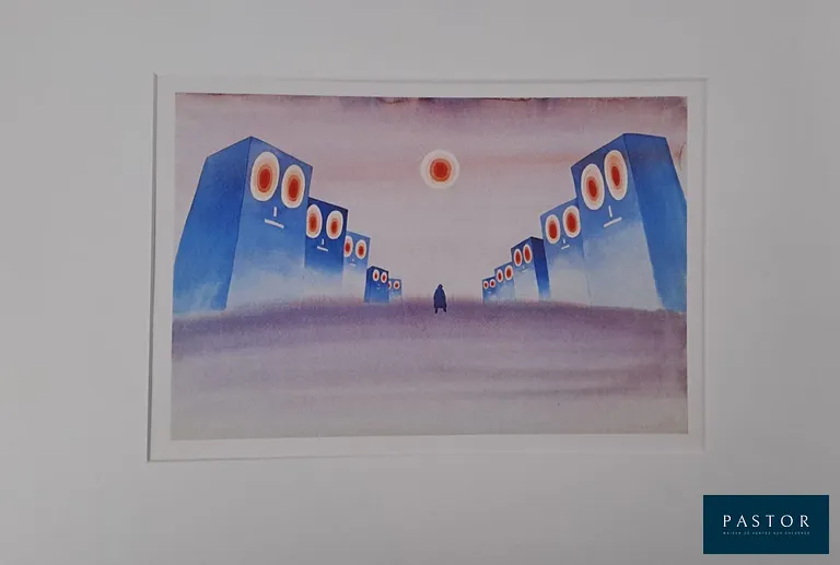 Jean-Michel Folon (d'après) (1934 - 2005)
Les enchaînés, 1971

Impression d'art
Signée dans la planche, titrée et datée au dos

  et montée sous passe-partout
  Dimensions du passe-partout : 40 x 50 cm
  Dimensions de la feuille : 28 x 36 cm
  
  Très bon état, traces de manipulation au dos
  
  
  Reproduction de la suite titrée de l'ouvrage "Un arbre meurt", Weber éditeur Genève, Alice Editions, 1973, reprenant des aquarelles de l'artiste.


Expédition obligatoire, jusqu'à 5 Lithographies dans votre colis pour 14,76€ TTC en France Métropolitaine, et 29,64€ TTC pour l'Europe