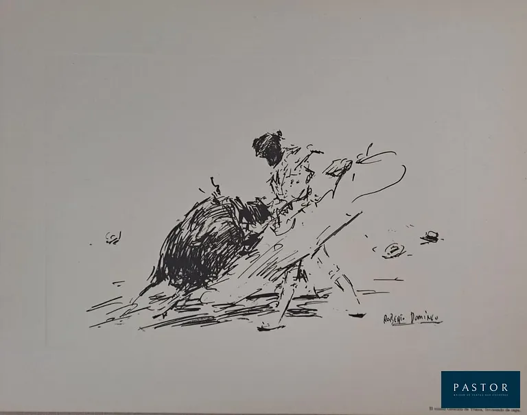 Roberto Domingo y Fallola (1883-1956)
El mismo Gitanillo de Triana, lanceando de capa

Gravure
Signée dans la planche
Dimension feuille : 24.5 x 31.5 cm environ
Dimension image : 17 x 24 cm

Très bon état


Expédition obligatoire, jusqu'à 5 Lithographies dans votre colis pour 14,76€ TTC en France Métropolitaine, et 29,64€ TTC pour l'Europe