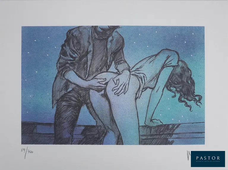 Milo MANARA (1945-)
Le déclic, Passion nocturne, 1992

Lithographie originale
Signée au crayon
Numérotée sur 700 exemplaires (photo du numéro à titre d'exemple)
Sur vélin Tintoretto 28.5 x 38.5 cm

INFORMATION : Edition originale réalisée par Editori del Grifo en 1992. Ecrit et illustré par Milo Manara, le Déclic est l'histoire d'une jeune femme, Claudia qui se fait enlever par un docteur qui lui implante une puce reliée à un émetteur. A partir de là, Claudia devient la proie d’une technologie énigmatique qui la plonge dans un trouble profond, altérant peu à peu sa volonté.

Excellent état


Expédition obligatoire, jusqu'à 5 Lithographies dans votre colis pour 14,76€ TTC en France Métropolitaine, et 29,64€ TTC pour l'Europe
