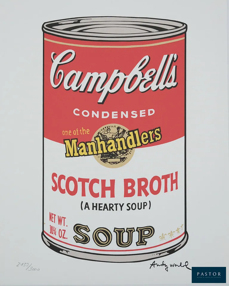 ANDY WARHOL (1928-1987)
Campbell's Scotch Broth soup

Granolithographie en couleurs
Signée dans la planche
Edition limitée 3000 exemplaires (ici le n°2139)
Sur Vélin 40 x 50 cm

Excellent état


Expédition obligatoire, jusqu'à 5 Lithographies dans votre colis pour 14,76€ TTC en France Métropolitaine, et 29,64€ TTC pour l'Europe