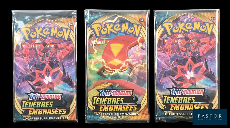 Réunion de 3 boosters Pokémon scellés.
Série du bloc Épée&Bouclier : Ténèbres embrasées (EB03).
En français.