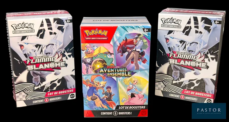 Ensemble de 3 Lots de boosters Pokémon scellés : Bundles (6 boosters).
- 2 Bundles de la série Flamme Blanche (EV10.5)
- 1 Bundle de la série Aventures Ensemble (EV09).
En français.